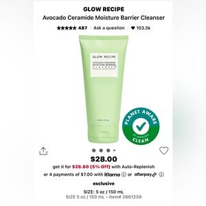 NIB! NEVER USED! GLOW RECIPE AVOCADO CERAMIDE MOISTURE BARRIER CLEANSER!